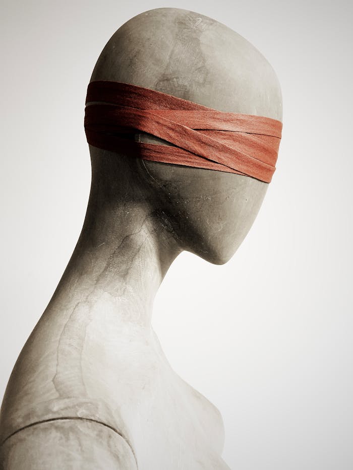 services-03 A blindfolded mannequin creates an abstract and thought-provoking artistic composition.