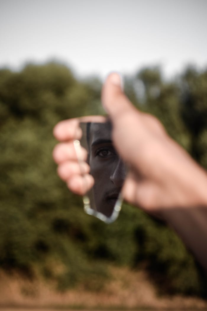 services-04 A person's face reflected in a broken mirror piece held outdoors against a natural backdrop.
